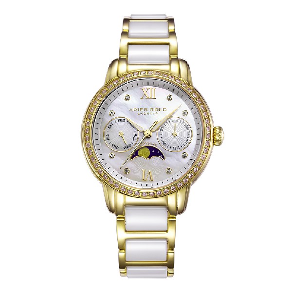 ARIES GOLD ENCHANT LUNA GOLD STAINLESS STEEL L 58010L G-MP WHITE CERAMIC WOMEN'S WATCH